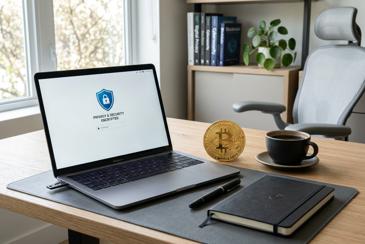 A laptop and physical crypto coins representing secure and private online gaming.