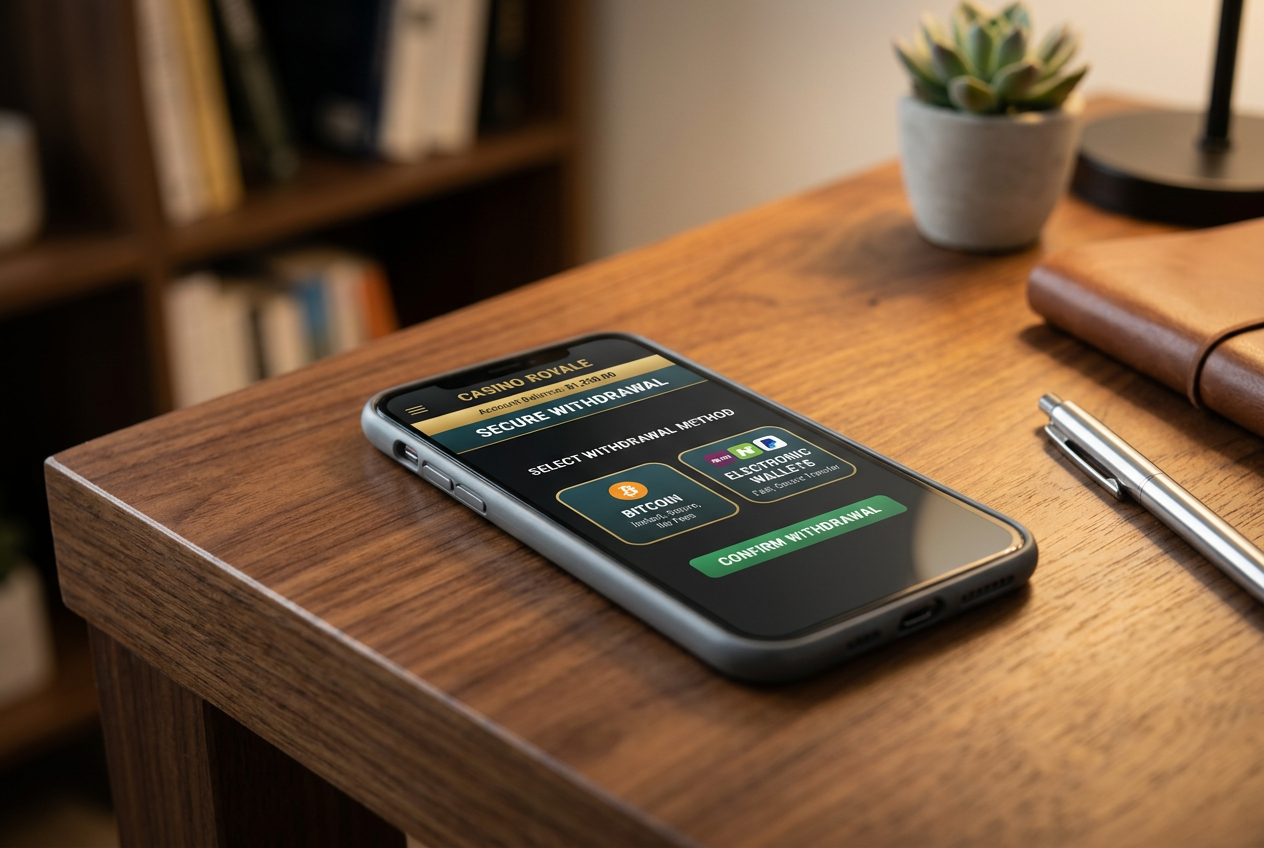 A sleek smartphone displaying an online casino withdrawal interface with various payment options.