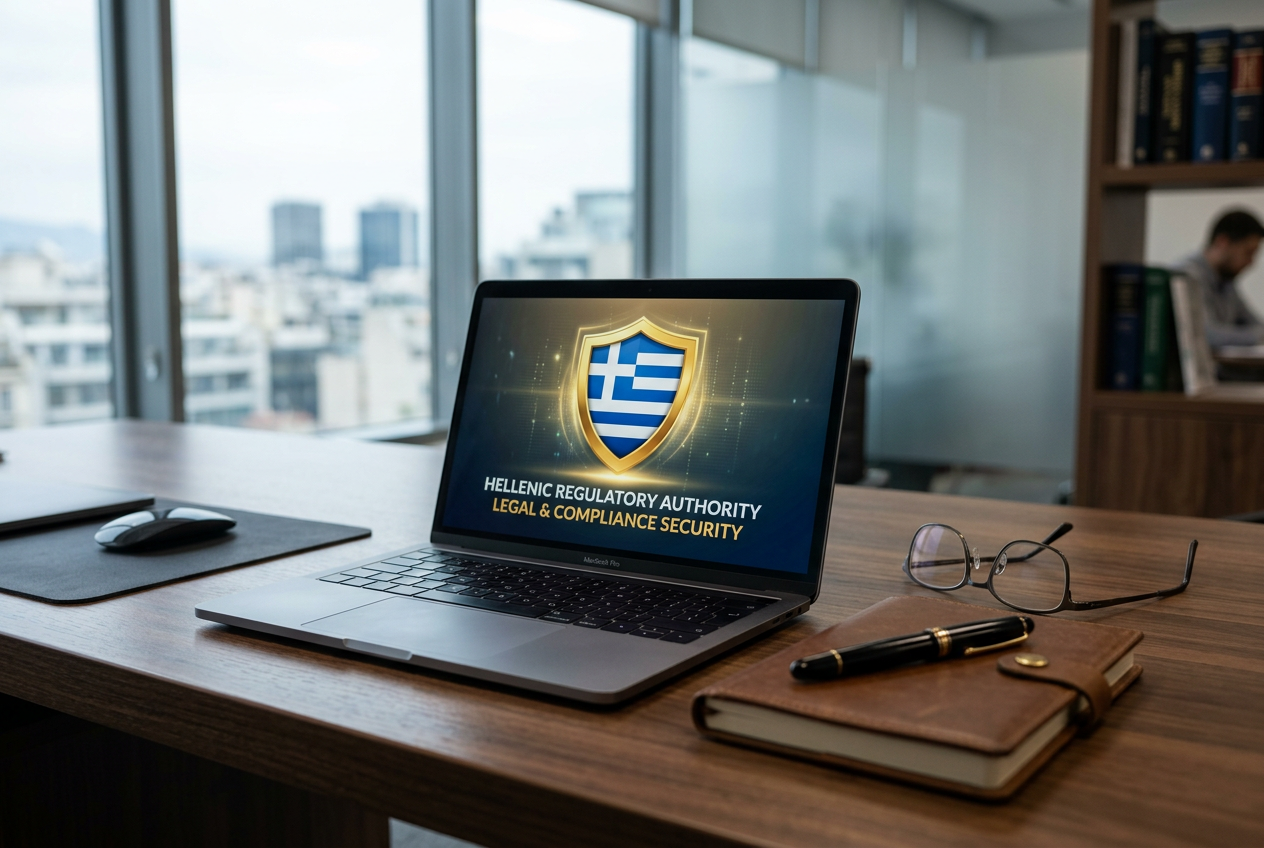 A laptop showing legal gambling regulation icons for the Greek market