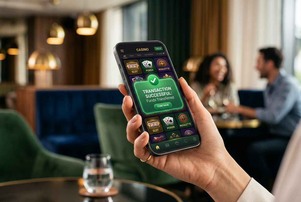 A smartphone showing a fast withdrawal confirmation in a high-end lounge