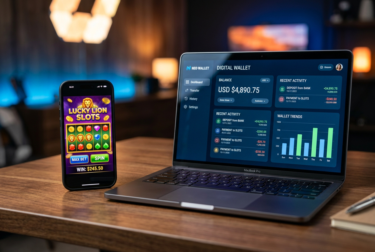 A high-end modern casino environment with digital interfaces.